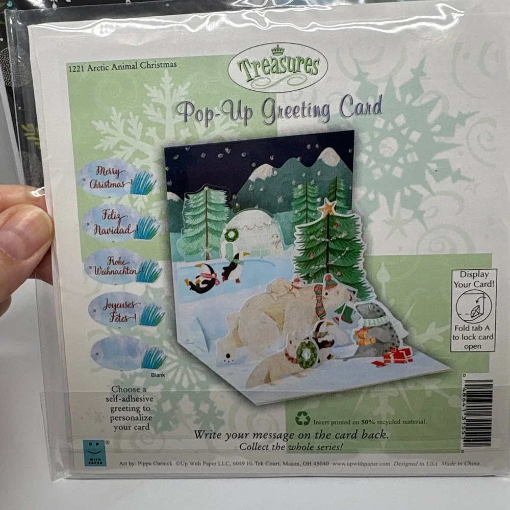 3 Treasures Pop‎ Up Arctic Animal Christmas Greeting Cards Penguin Polar Bear